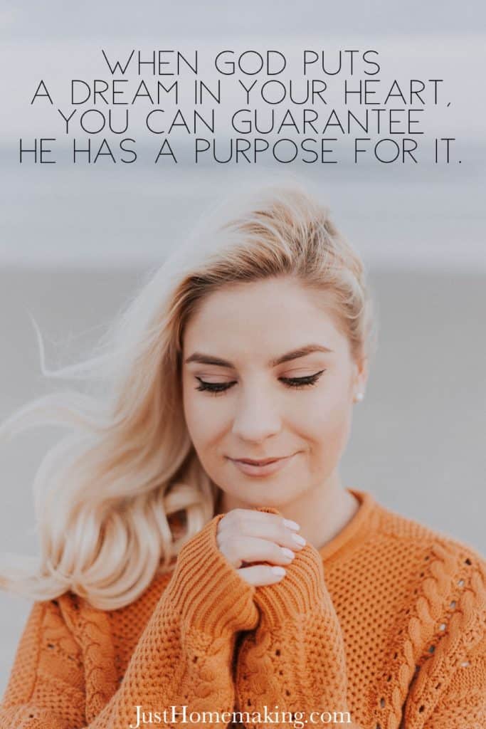 When God puts a dream in your heart, you can guarantee He has a purpose for it.
-- Just Homemaking, New Year Spiritual Goals for Christian Women