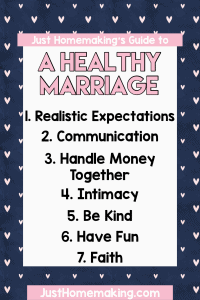 A Healthy Marriage Pin: 1. Realistic Expectations 2. Communication 3. Handle Money Together 4. Intimacy 5. Be Kind 6. Have Fun 7. Faith
