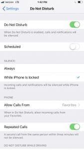 Do Not Disturb setting clicked on in phone settings
