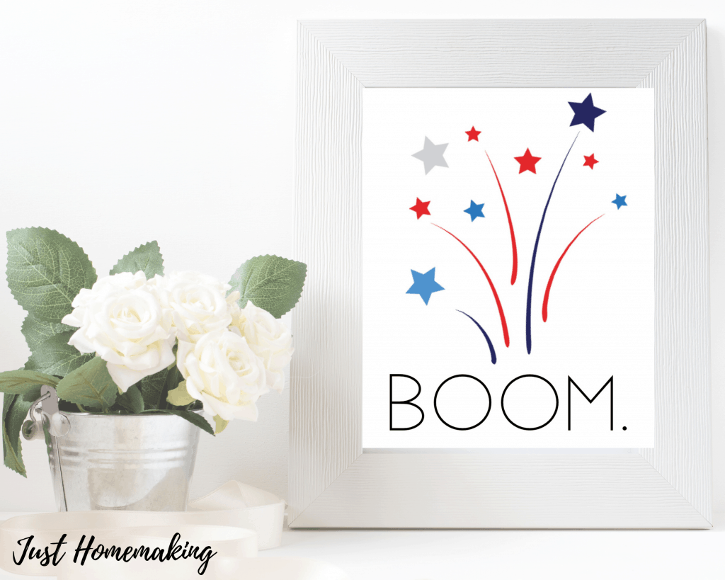 Independence Day wall art printable with a firework that reads:
Boom.