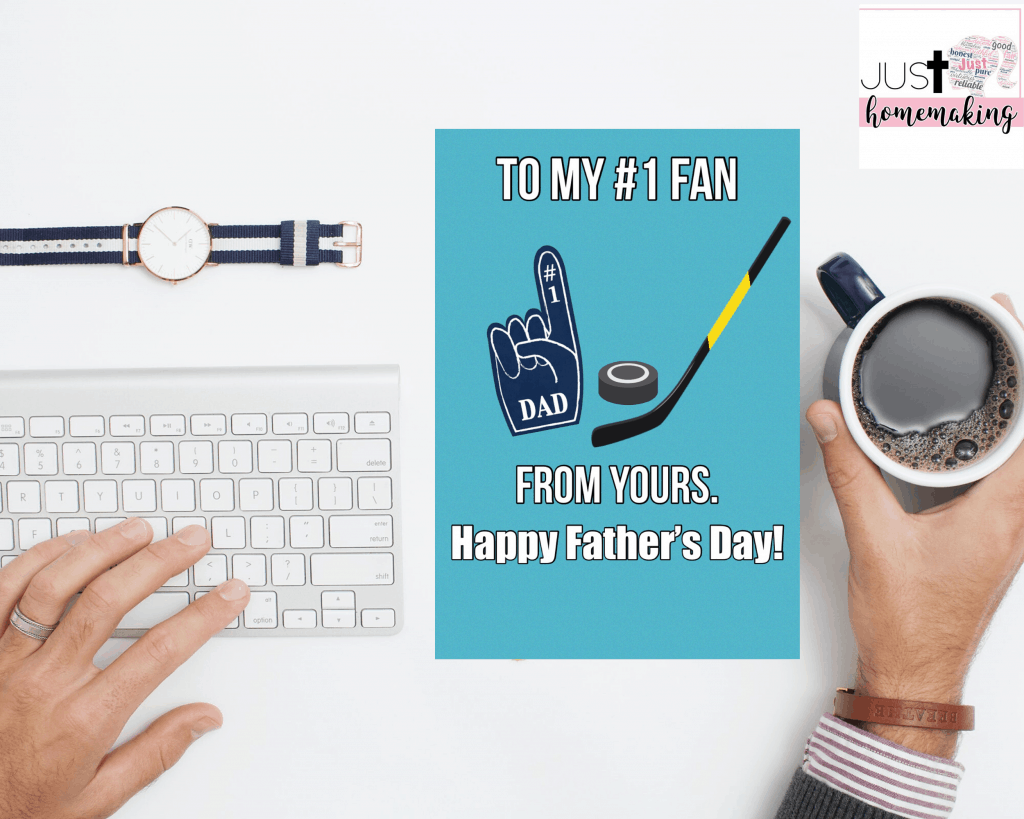 Printable Father's Day card with a hockey stick and hockey puck that reads:
To my #1 fan. From yours. Happy Father's Day!