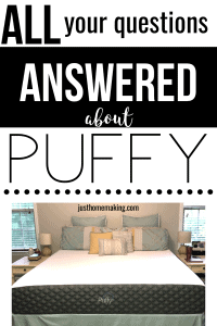 pin for pinterest:
All your questions answered about Puffy (picture of a puffy lux mattress with bed pillows on top of it)