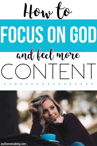pin for pinterest with a woman outside with her coffee mug:
How to focus on God and feel more content.
