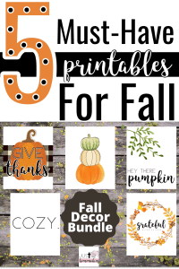 Pin for Pinterest that reads "5 Must Have printables for Fall", and has a photo with all five prints from our Fall Printables Home Decor Collection