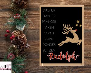 printable Christmas wall decoration that has a list of all the reindeer and a glittery Rudolph
