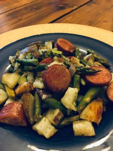 plated gf df sheet pan recipe with sausage and veggies