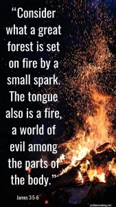 Photo of a raging campfire with the scripture of James 3:5-6: "Consider what a great forest is set on fire by a small spark. The tongue also is a fire, a world of evil among the parts of the body."
