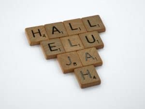 Scrabble tiles spelling "Hallelujah"