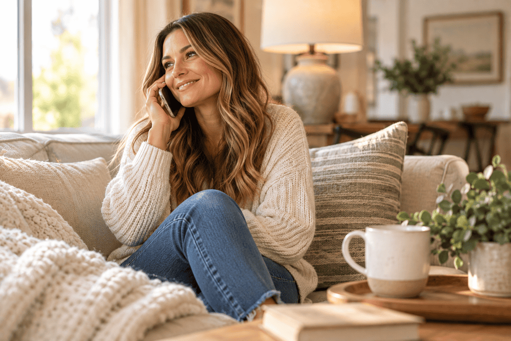 Woman sitting on her couch talking on the phone to her best friend.