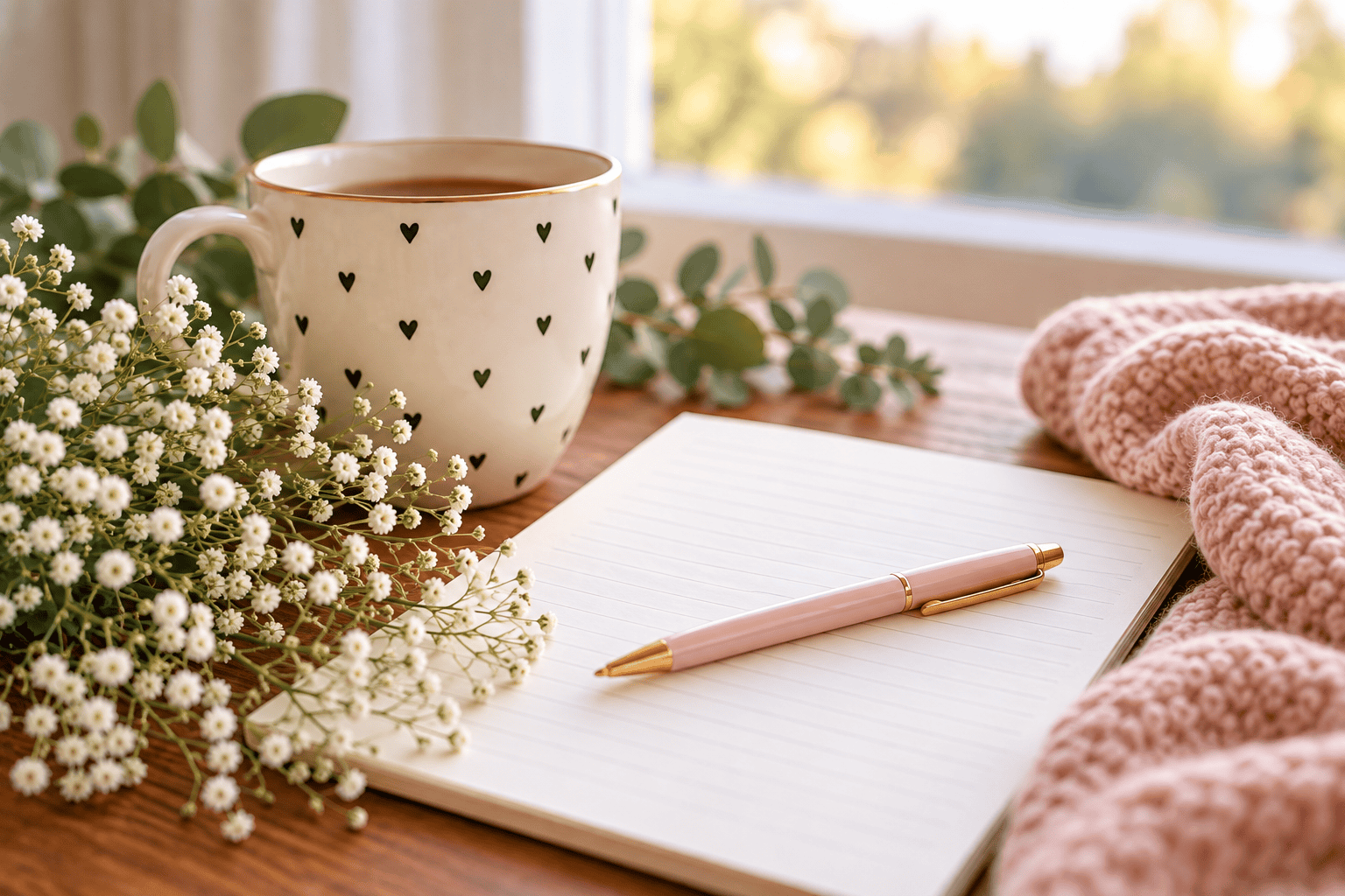 Notepad with pen, coffee mug and flowers