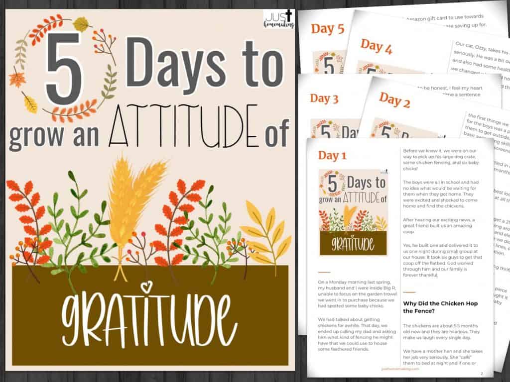 Photo of the printable Thanksgiving Devotional for Women, "5 Days to Grow an Attitude of Gratitude"with a link to sign up for Just Homemaking's newsletter.