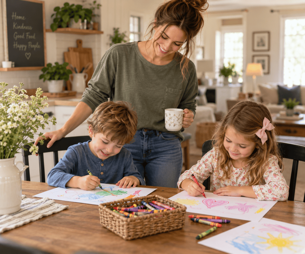 Mom watching her kids color at a table