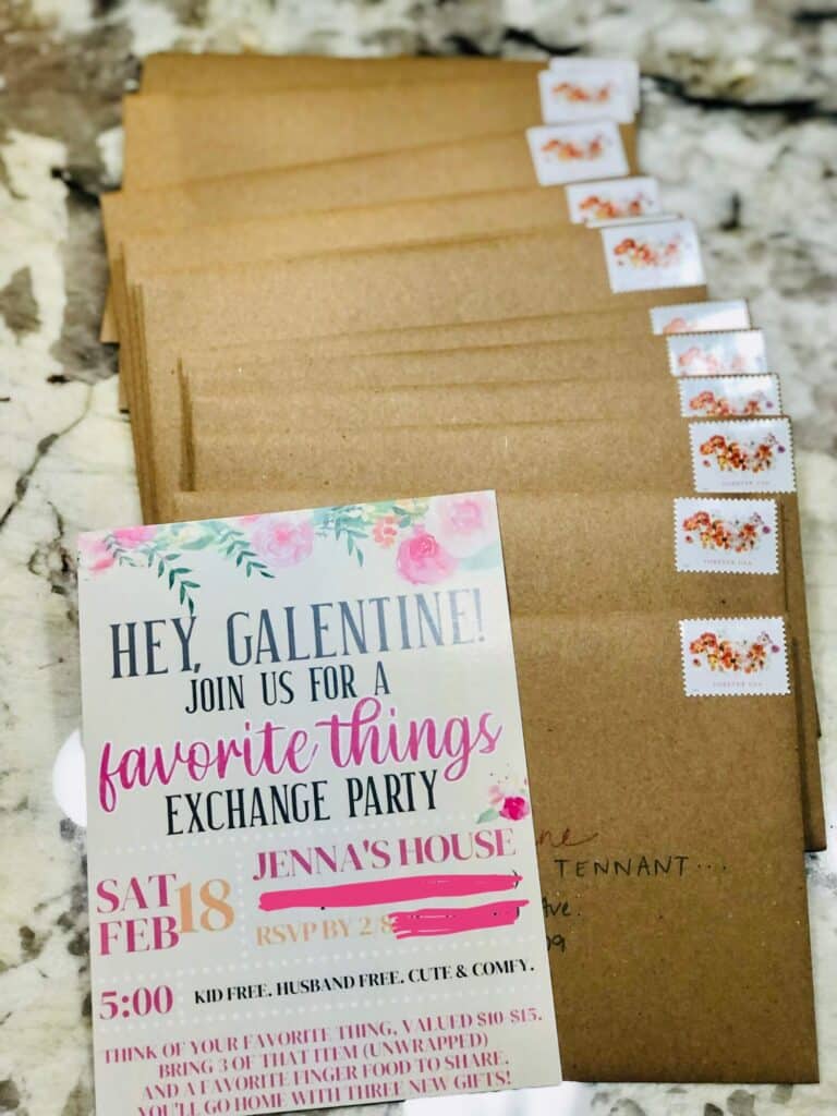 Galentine's Day Favorite Things Party invite and envelopes