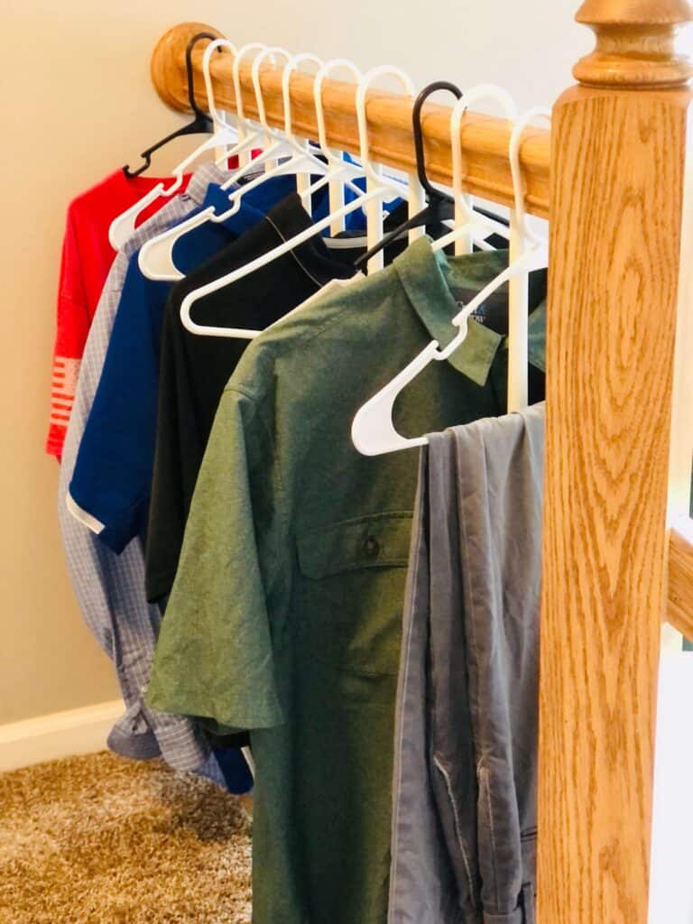 Laundry hacks for busy moms:
Hang clothes up to dry.

(photo of clothes hanging by hangers on a staircase banister)