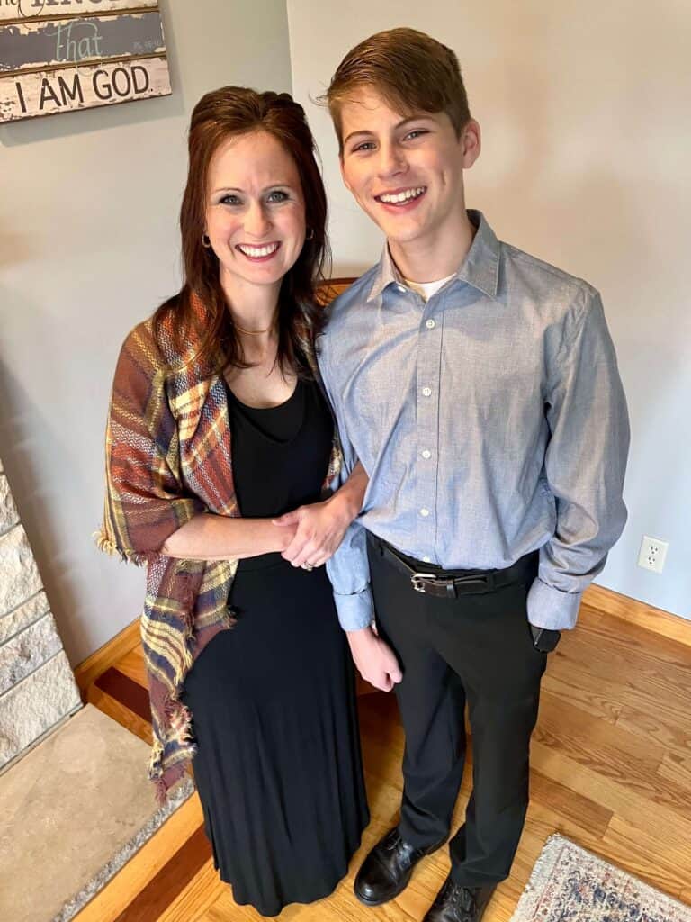 mom and teenage son dressed up