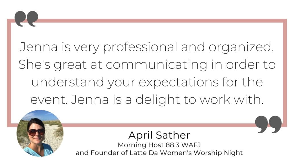 Review of Jenna Punke-Bendt, Women's Ministry Guest Speaker: "Jenna is very professional and organized. She's great at communicating in order to understand your expectations for the event. Jenna is a delight to work with."
-April Sather, Morning Host 88.3 WAFJ and Founder of Latte Da Women's Worship Night