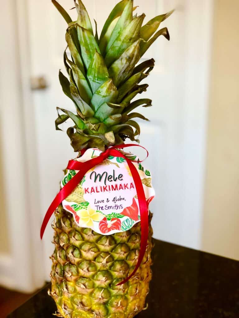 Christmas Ding Dong Ditch Idea from Just Homemaking: Pineapple with gift tag "Mele Kalikimaka! Love & Aloha"