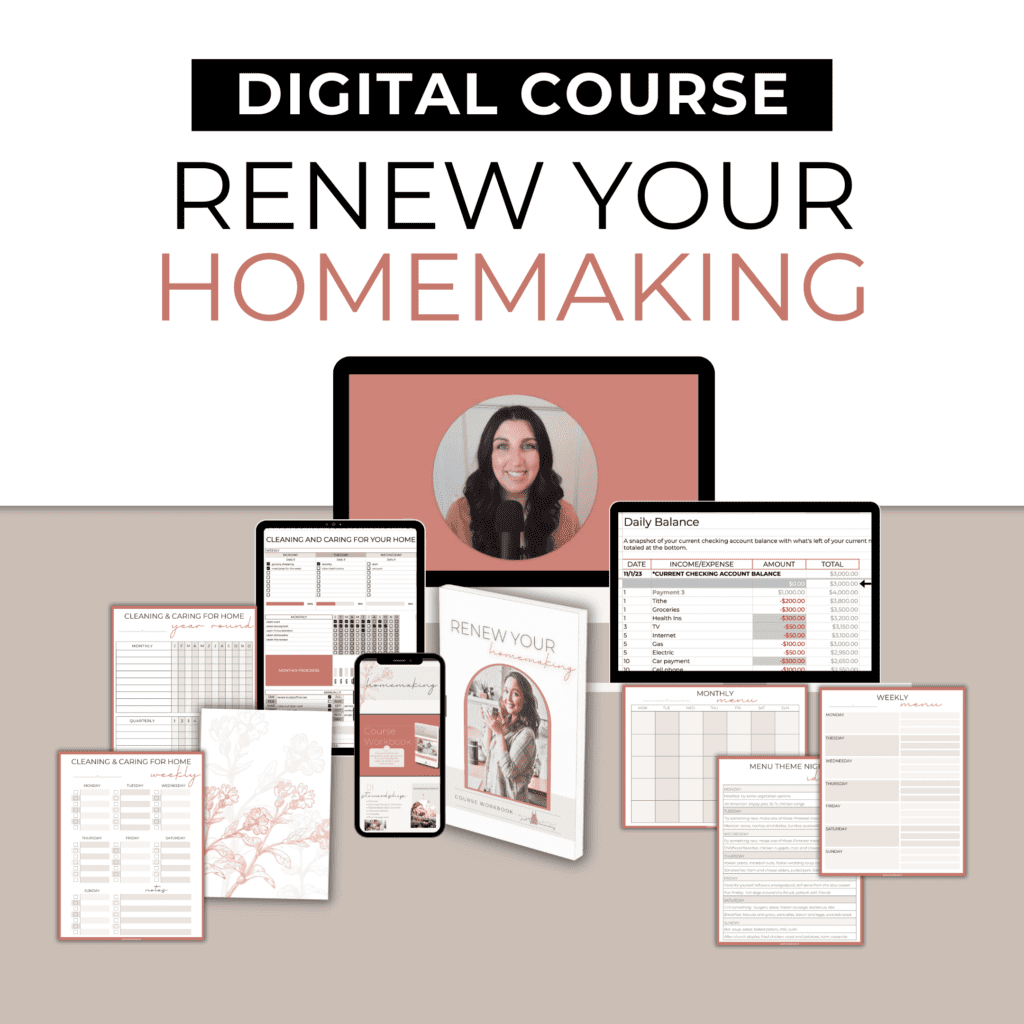 Course Contents for digital course Renew Your Homemaking. This budget for homemakers spreadsheet is included in the course.