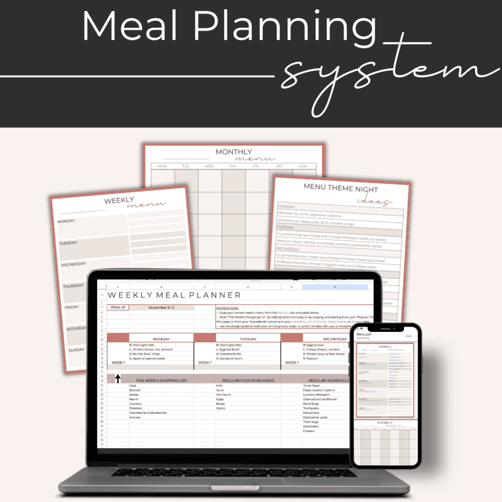 The Meal planning system from Just Homemaking includes a spreadsheet and a PDF that you can print or use digitally on your phone, tablet, and computer.