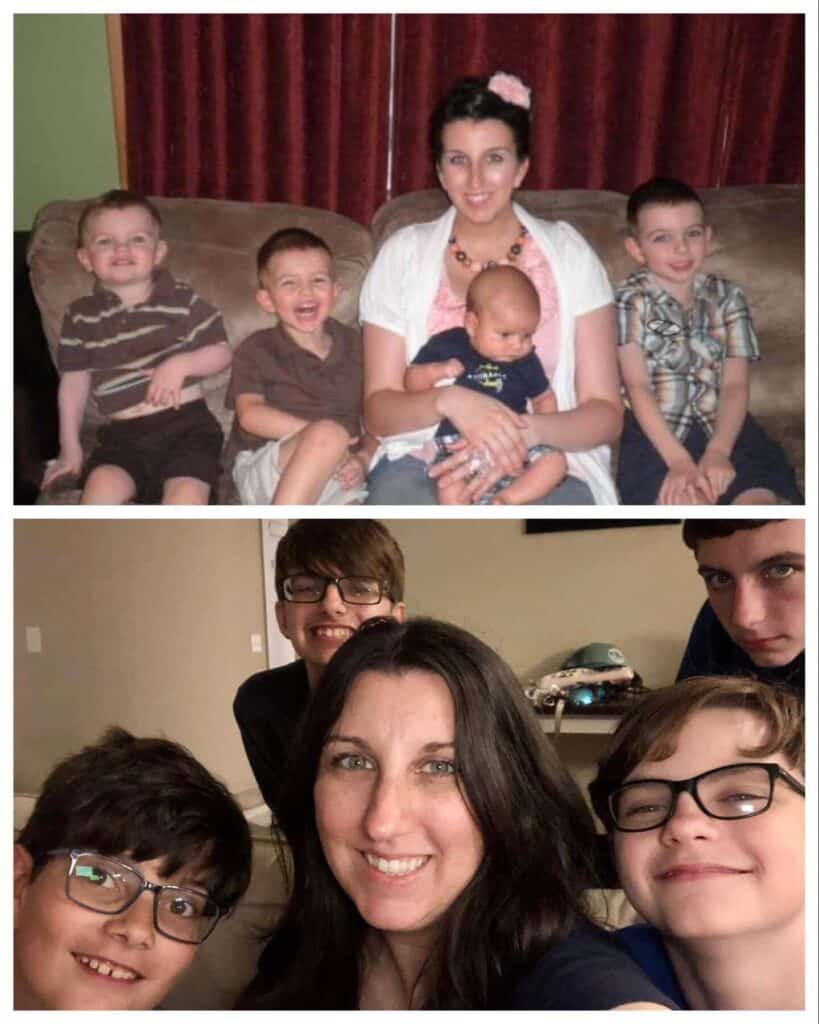 What no one tells you about raising teen boys: They are the same boys they were 10 years ago. (Side by side pic-- first is of Mom on the couch with her four young sons. The second is of the same mom and sons 10-12 years later.)