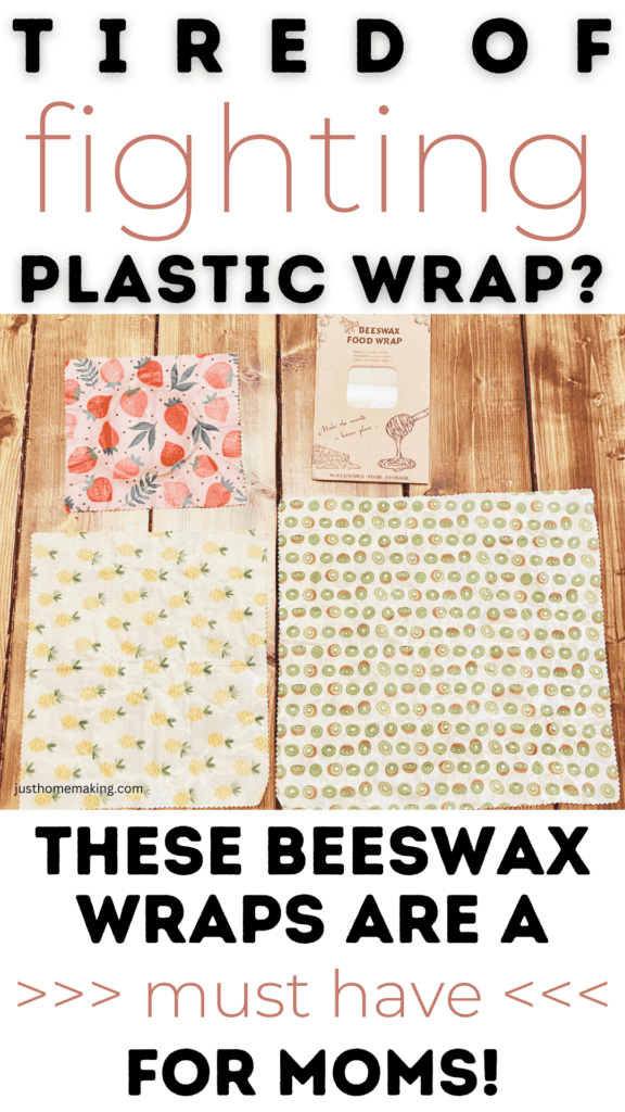 pin with photo of beeswax wraps sitting on wooden table for Benefits to using Beeswax Wraps in your Kitchen