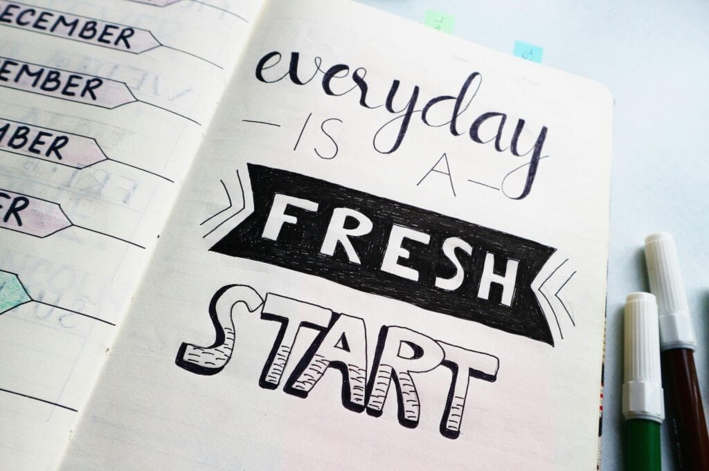 morning cleaning routine: planner with words "everyday is a fresh start"