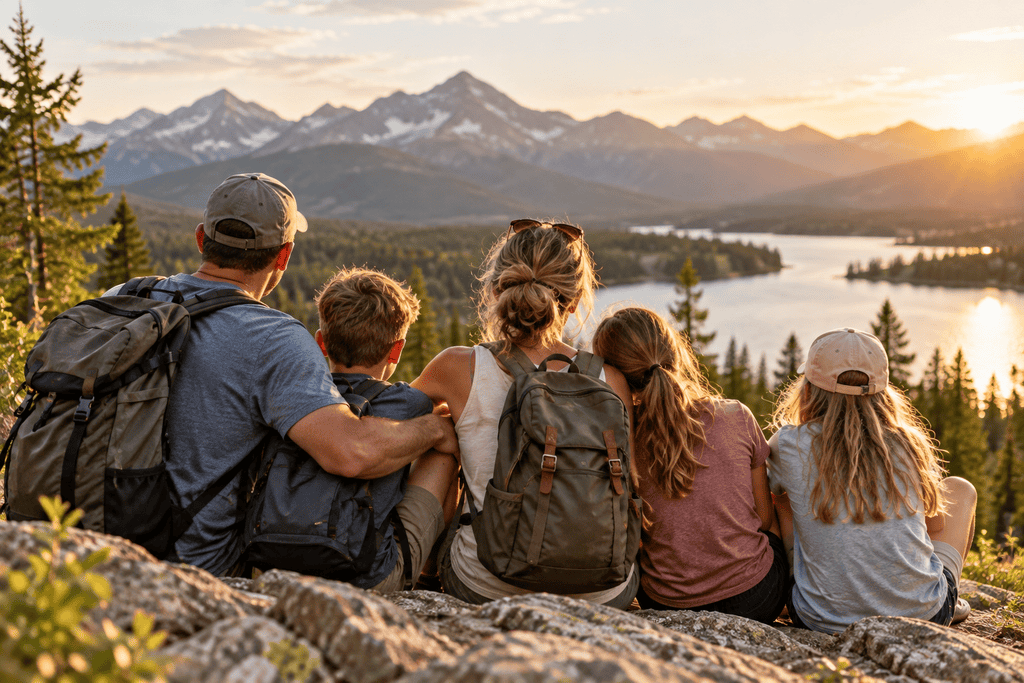 Family vacation with parents and kids overlooking mountains and a river.