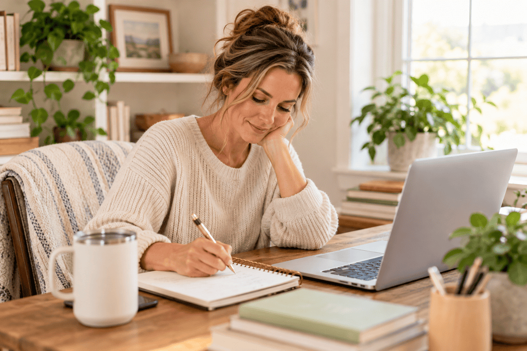 A mom at a desk writing and working on her finances and sinking funds.